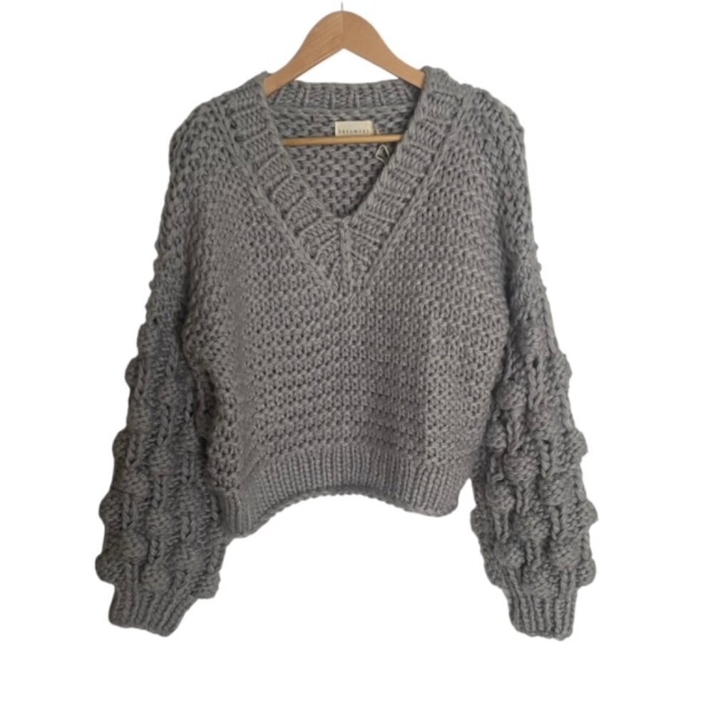 NWT Dreamers Grey Chunky Knit Pom-Pom Sleeve V Neck Sweater S/M